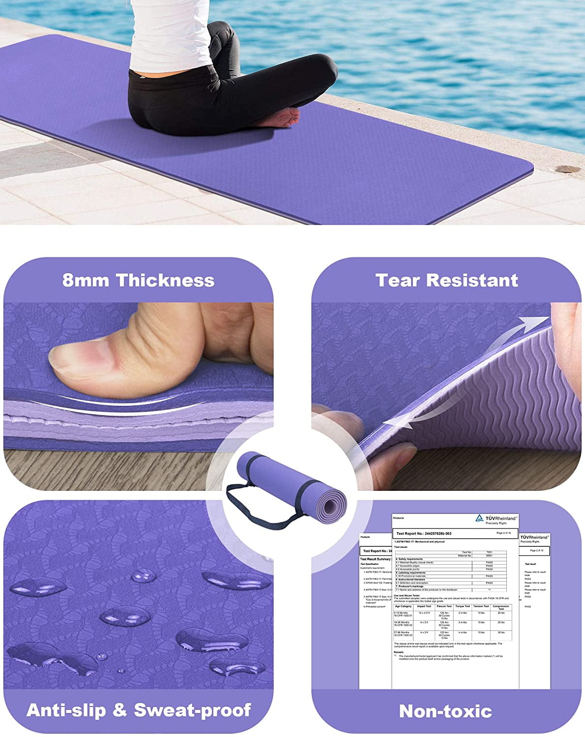 Non-Slip Yoga Mat 8mm with Strap